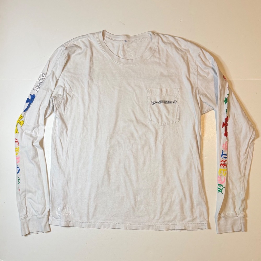 Chrome Hearts Long Sleeve Pocket T-Shirt Mens Large White Multi-Color Cross